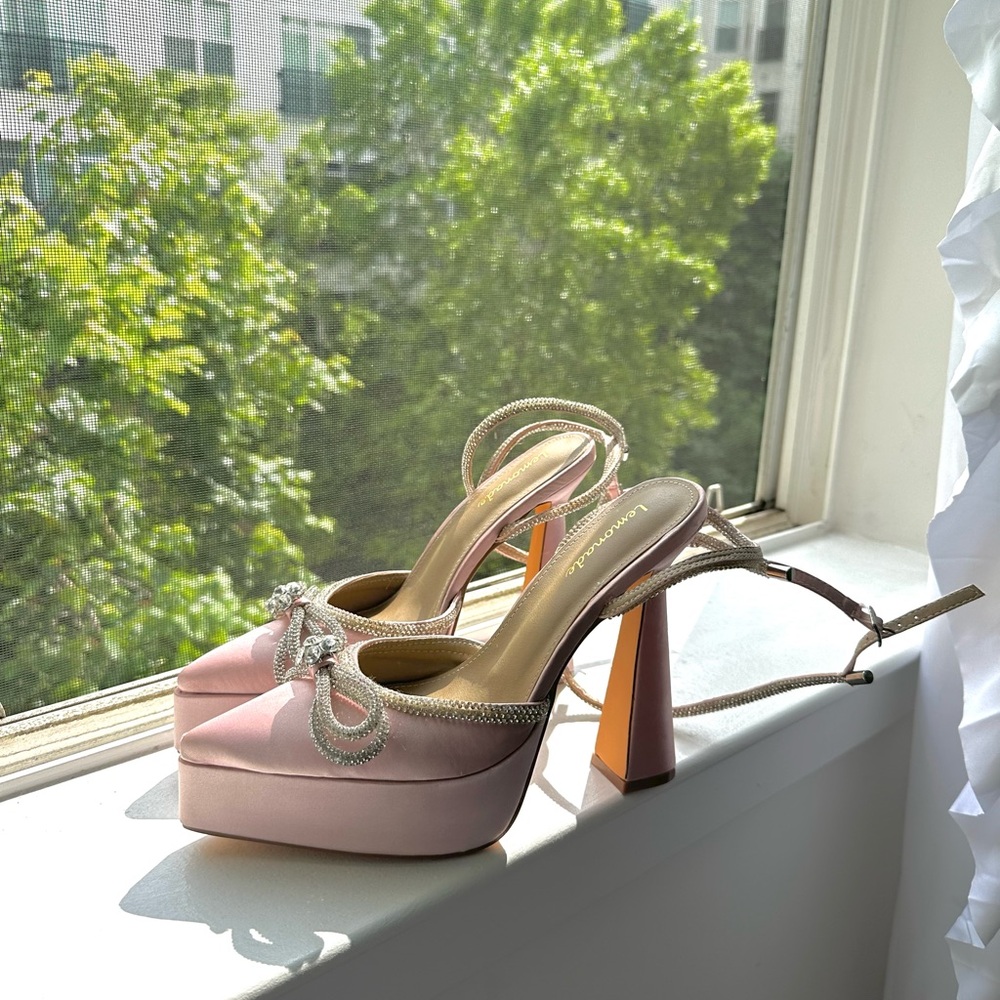 Lemonade Pink Satin Platform Heels with Ankle Strap